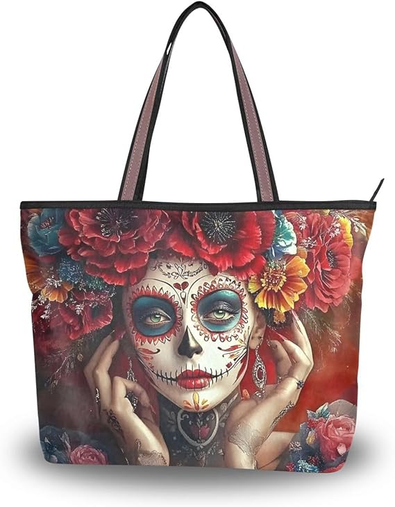 Sugar Skull Face Tote Bag with Inner Pocket for Women Durable Zipper Casual Tote Bag for Travel Shopping Gym L - sugar skull handbags for sale
