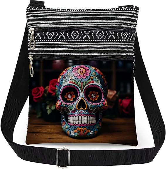 Halloween Gifts for Women Skull Messenger Bag Adjustable Strap Crossbody Pouch Zipper Present - sugar skull handbags for sale