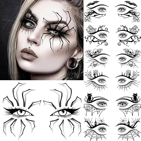 7 Sheets Halloween Eye Shadow Temporary Tattoos For Women Men Kids Adults, Halloween Eye Scary Face 3D Spider Web Tattoo Stickers, Cat Skull Bat Eyeliner Fake Tattoos Halloween Makeup Accessory - sugar skull temporary tattoo