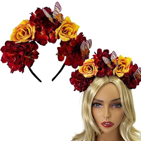 Rose Flower Butterfly Crown Day of the Dead Headband Floral Crown Mexican Headpiece for Women Girls Halloween Cosplay Party Costume - sugar skull flower crown