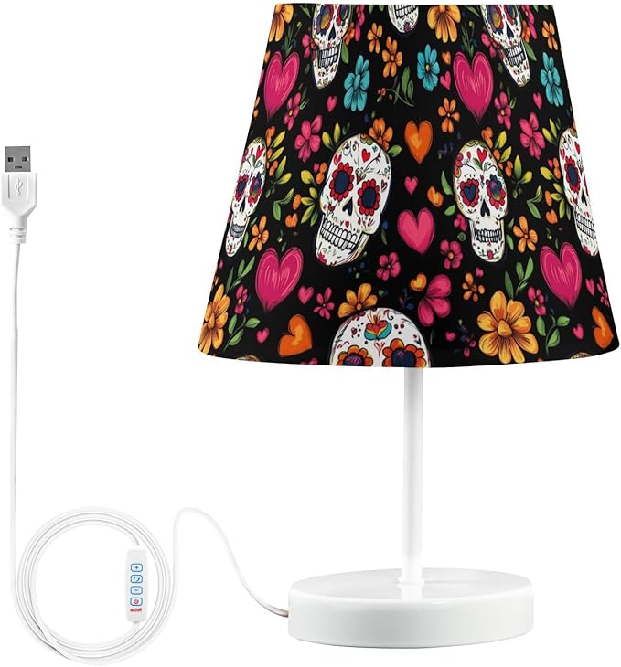 Sugar Skulls Table Lamp Hearts Bedside Lamps LED Night Light with USB Charging Port Dimmable for Bedrooms, Living Rooms,Kids Room, Study Rooms, Offices, Dorm - sugar skull table lamp