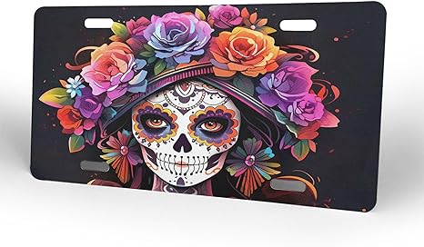 Mexican Sugar Skull Girl Print License Plate, Decorative Car Front License Plate, Aluminum Novelty License Plates Vanity Tag Metal Car Plate for Women Men 6 X 12 Inch（4 Holes） - sugar skull plates set