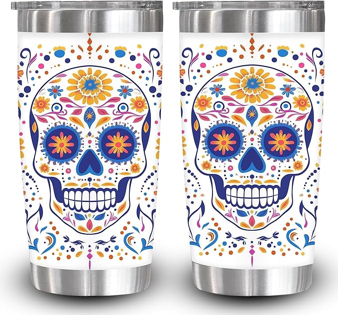 1pc 20oz Colorful Floral Sugar Skull Tumbler with lid, Stainless Steel Vacuum Insulated Double Wall Travel Cup for Men Women, Mother Day, and birthday gifts - sugar skull tumbler with straw