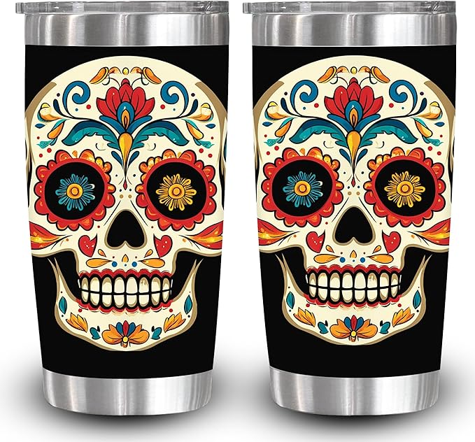 1pc 20oz Day of the Dead Sugar Skull Tumbler with lid, Stainless Steel Vacuum Insulated Double Wall Travel Cup for Men Women, Mother Day, and birthday gifts - sugar skull tumbler with straw