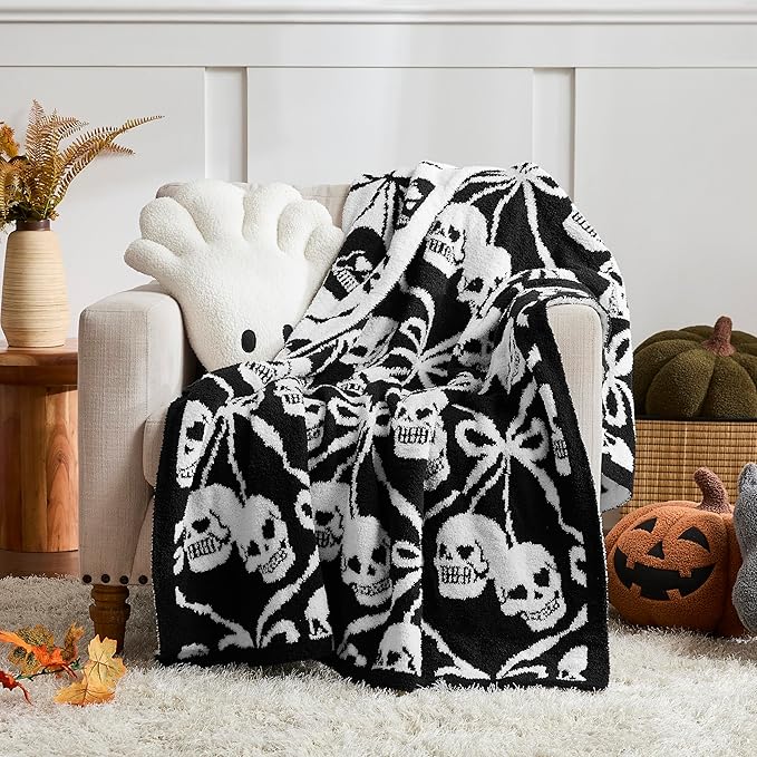 WDCOZY Halloween Throw Blanket Reversible Super Soft Knitted Blankets for Couch Bed Sofa Microfiber Warm Cozy Comfy Lightweight Fall Comfort Fluffy Fuzzy Knit Blanket Cute 50x60 Inches Skull & Bones - sugar skull throw blanket