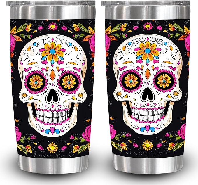 1pc 20oz Colorful Floral Sugar Skull Tumbler with lid, Stainless Steel Vacuum Insulated Double Wall Travel Cup for Men Women, Mother Day, and birthday gifts - sugar skull tumbler with straw