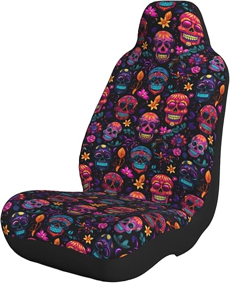 Neon Sugar Skull Car Seat Covers Automotive Front Seat Covers Breathable Washable Universal for Cars SUV Truck - sugar skull car seat covers set