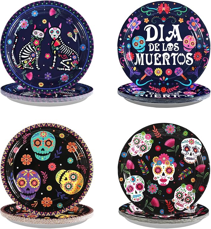 Grencian 60 Pcs Halloween Paper Plates 9" Disposable Heavy Duty Dia De Los Muertos Dessert Paper Plates Sugar Skull Party Tableware Set for Mexican Theme Birthday Party Decorations - sugar skull plates set