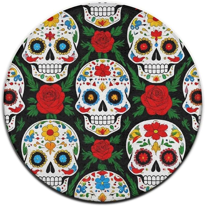 Large Round Yoga Mat, Sofa Decor Carpet, Circle Area Rug, Mexican Day Dead Rose Sugar Skulls Yoga Mat, 24inch - sugar skull yoga mat