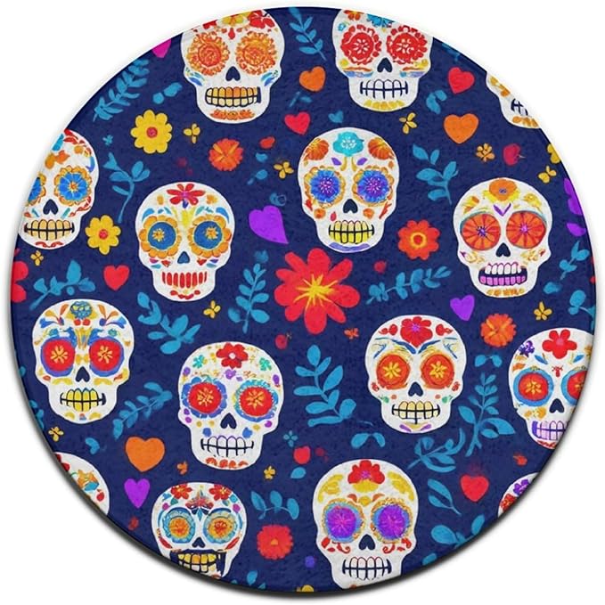 Large Round Yoga Mat, Sofa Decor Carpet, Circle Area Rug, Day Dead Cool Mexican Sugar Skull Yoga Mat, 60inch - sugar skull yoga mat