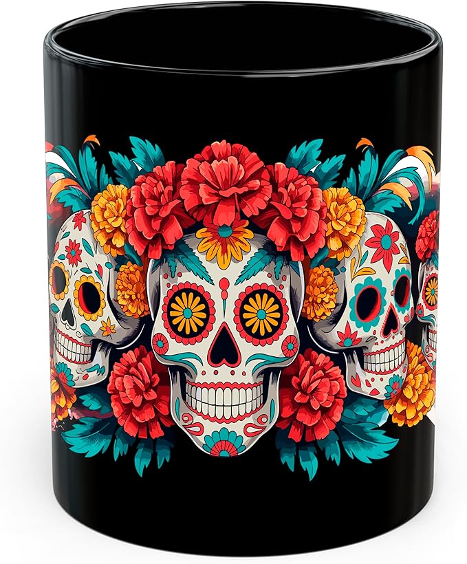 Sugar Skull Ceramic Coffee Mug 11oz Day of the Dead Mexican Holiday - Tea Coffee Mug with Comfortable Grip - Unique Fun Gift Cup for Office or Home - Vibrant Long-Lasting Print ID45211 - sugar skull coffee cup