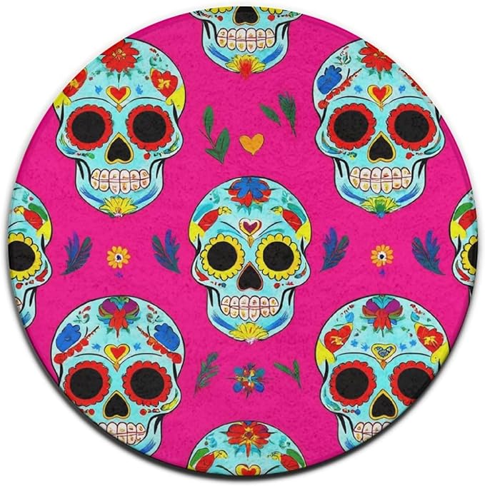 Large Round Yoga Mat, Sofa Decor Carpet, Circle Area Rug, Day Dead Mexican Sugar Skull Yoga Mat, 60inch - sugar skull yoga mat