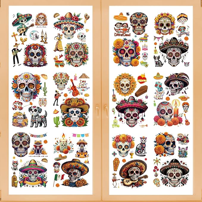 Window Clings Stickers for Glass - 12 Sheets Day of The Dead Static Window Cling for Party Decor, Mexico Día de Los Muertos Sugar Skull Transfer Sticker Decals DIY Home Party Decoration - sugar skull vinyl sticker