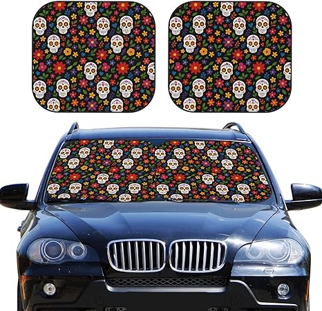 Delerain Sugar Skull Flowers Car Windshield Sun Shade, 2-Piece Foldable Car Front Window Sun Shades Blocks UV Rays Sun Visor Protector Keeps Your Vehicle Cool Fit for Most Sedan SUV Truck, Small - sugar skull car sunshade for windshield