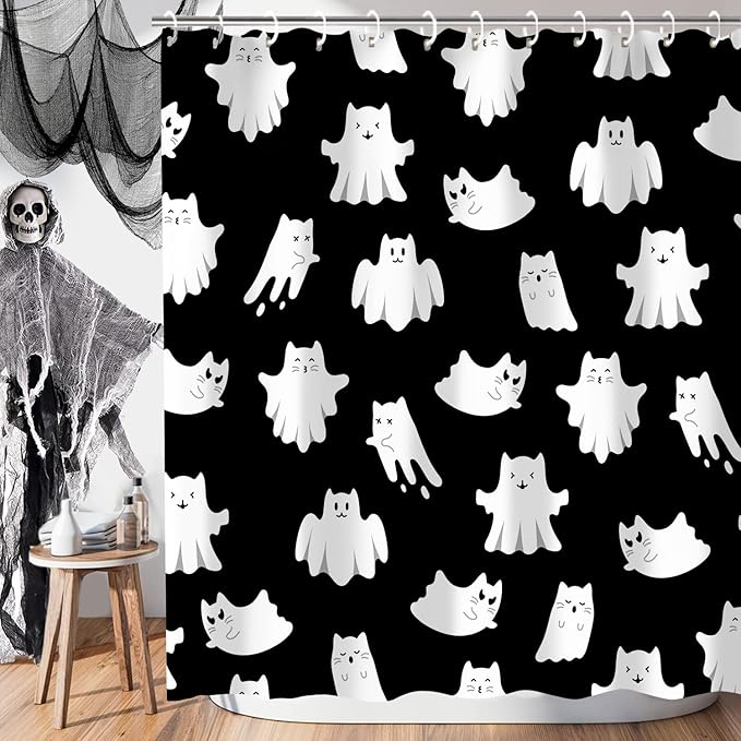 Cute Halloween Shower Curtain with 12 Hooks, Waterproof Spooky Ghost Cat Shower Bathroom Curtain Decor, Funny Halloween Shower Curtains for Bathroom, Black, 72x72 Inch - sugar skull shower curtain set