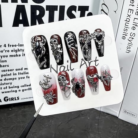 Halloween Press on Nails Goth Gradient False Nails Handmade Press on Nails Terror 3D Spider Sugar Skull and Heart Designs Medium Coffin Fake Nails Full Cover Thick Halloween Nails for Women (Size M) - sugar skull nail art