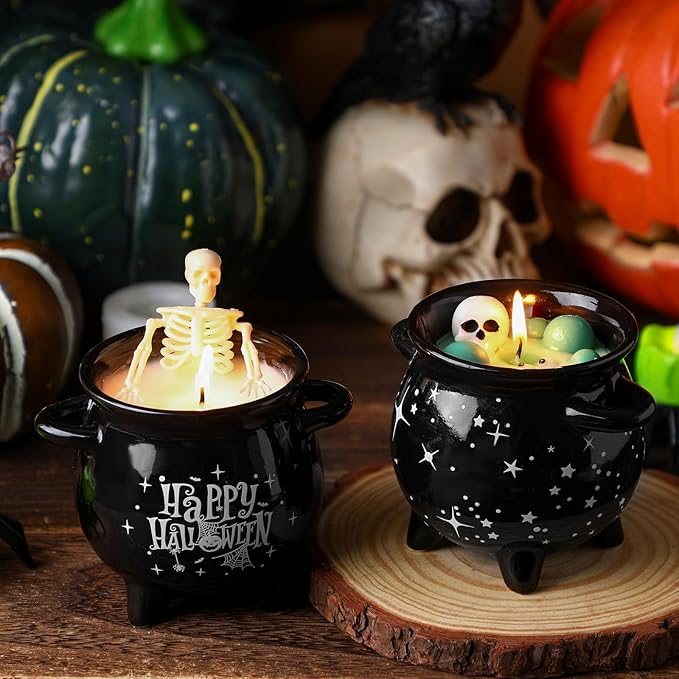 2 Pcs Halloween Decorations Indoor Halloween Skeleton Candle Skull Candle Gothic Vintage Home Decor Gifts Witch Cauldron Scented Party Birthday Decoration Spooky Farmhouse Table Decor - sugar skull candle holder