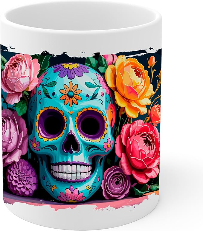 Day of the Dead Ceramic Coffee Mug 11oz Sugar Skull Mexican Holiday - Tea Coffee Mug with Comfortable Grip - Unique Fun Gift White Cup for Office or Home - Vibrant Long-Lasting Print ID44991 - sugar skull coffee cup