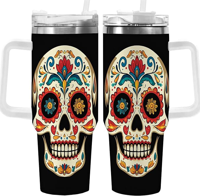 1pc 40oz Day of the Dead Sugar Skull Tumbler with lid, Stainless Steel Vacuum Insulated Double Wall Travel Cup for Men Women, Mother Day, and birthday gifts - sugar skull tumbler with straw