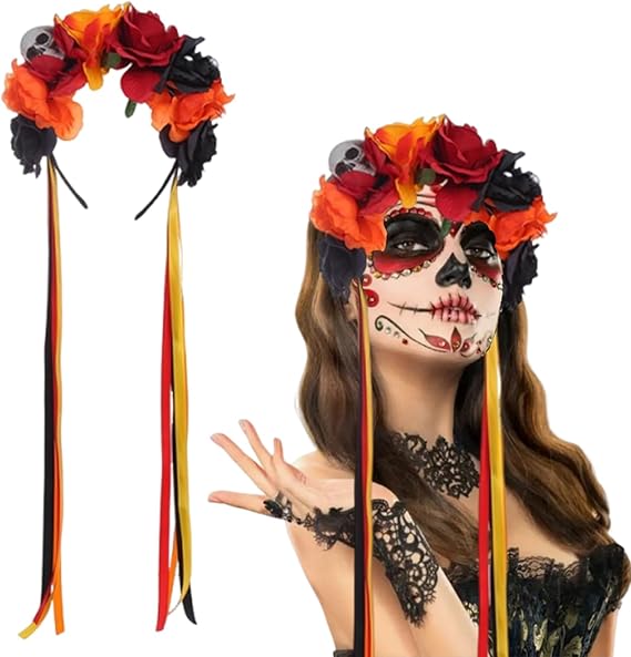 Mexican Flower Headband Day of the Dead Red Black and Orange Rose Floral Crown Headpiece for Women Girls Halloween Cosplay Costume Party Hair Decoration - sugar skull flower crown