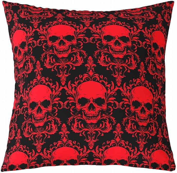 jejeloiu Sugar Skull Throw Pillow Covers Set of 1,16 x 16-Inch,Bohemia Boho Cushion Case,Gothic Skull Decor Pillowcase,Red Black Damask Indoor Outdoor,Luxury Flower - sugar skull throw pillow