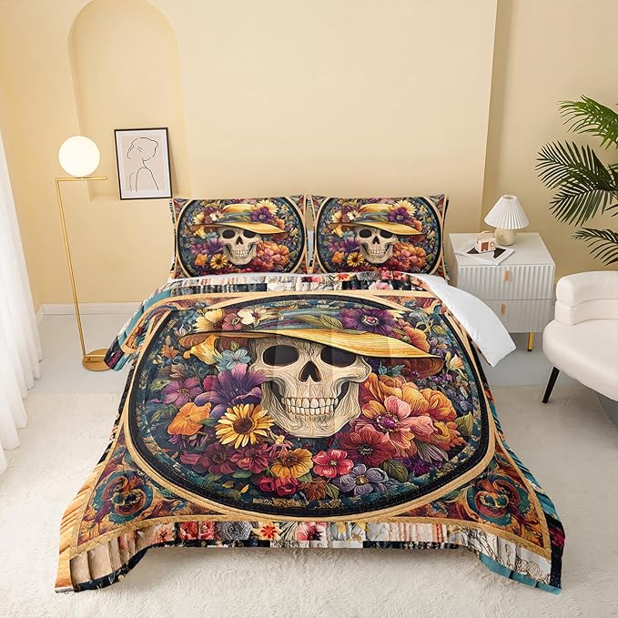 QOOMO Colorful Floral Sugar Skull Comforter Set for Boys Girls Kids Gothic Skeleton Twin Size Bedding Set Super Soft Quilt with 1 Comforter and 2 Pillowcases Lightweight Microfiber for All Seasons - sugar skull bedding set