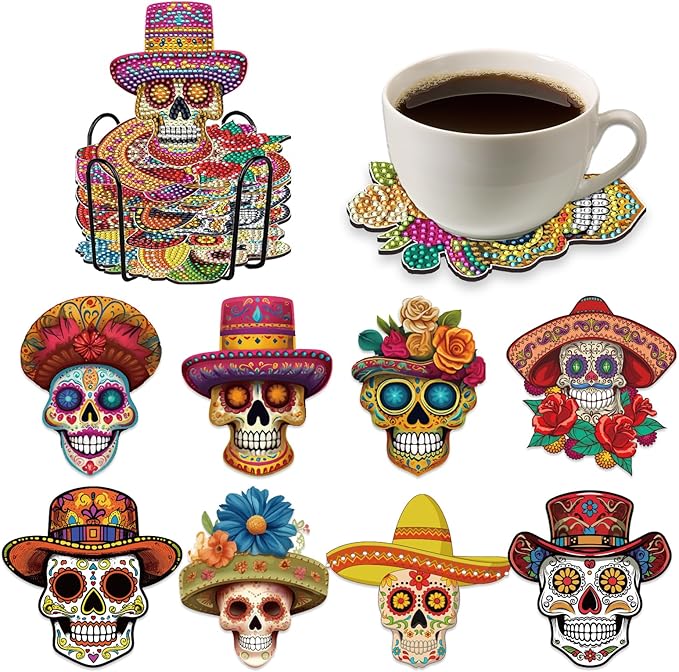 Sugar Skull Diamond Art Coasters - 8 PCS DIY Halloween Diamond Painting Coasters Kits, The Day of Dead Home Table Decor Art Craft Supplies Día De Los Muertos Gift for Skull Lovers Mexicans - sugar skull coasters set