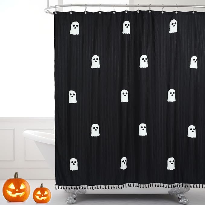 Halloween Ghost Shower Curtain, 72 x 72 Inch Cotton Spooky Cute Funny Shower Curtain with 12 Hooks for Halloween Bathroom Ghost Bathtub Vintage Gothic Horror Decor(Black) - sugar skull shower curtain set