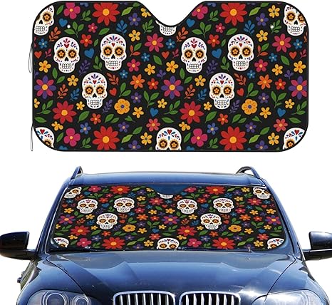 Delerain Car Windshield Sunshade Sugar Skull Flowers Auto Sun Shade Car Front Window Covers Foldable Sun Visor Protector Blocks UV Rays - Keeps Your Vehicle Cool (51" x 27.5") - sugar skull car sunshade for windshield