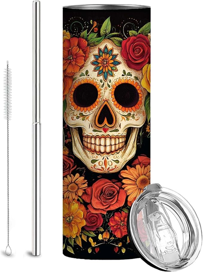 Firmiso 20 oz Tumbler, Skinny Insulated Travel Mug, Day of the Dead Gifts for Women and Men, Stainless Steel Coffee Cup for Hot & Cold Drinks, Sugar Skull Christmas and Halloween Spooky Gifts - sugar skull tumbler with straw