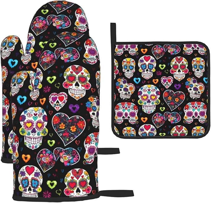Sugar Skulls Print Oven Mitts and Pot Holder Set, Gloves for Kitchen, Grill and Oven Use - sugar skull oven mitts