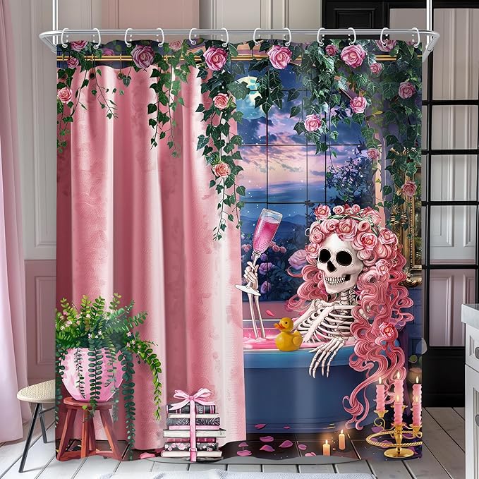 Riyidecor Funny Skull Shower Curtain 60Wx72H Inch Pink Girl Gothic Skeleton Vintage Spooky Floral Halloween Bathing Elegant Unique Women Bathroom Decor Fabric Polyester Waterproof 12 Pack Hooks - sugar skull shower curtain set