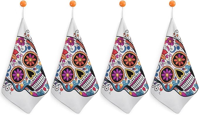 Sugar Skull Kitchen Towels Set -4PCS Super Absorbent Hand Towels, Soft Face Towel Set with Hanging Loop Lightweight Quick Dry Microfiber Dish Towels for Yoga Camping Hotel Spa Travel - sugar skull beach towel