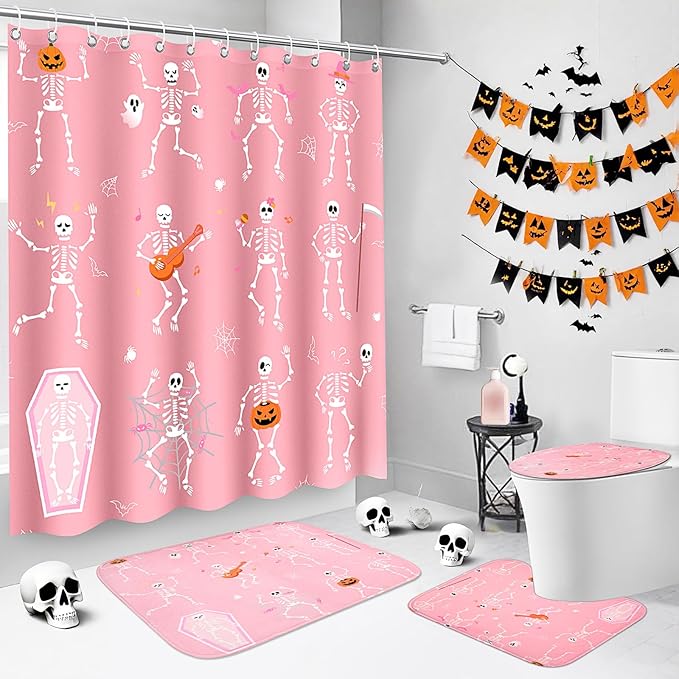 4 Pcs Halloween Shower Curtain Set, Pink Skull Waterproof Bathroom Shower Curtains Sets with Rugs, Toilet Mat & Toilet Seat Covers Mat, Bathroom Decor 72"x72" - sugar skull shower curtain set