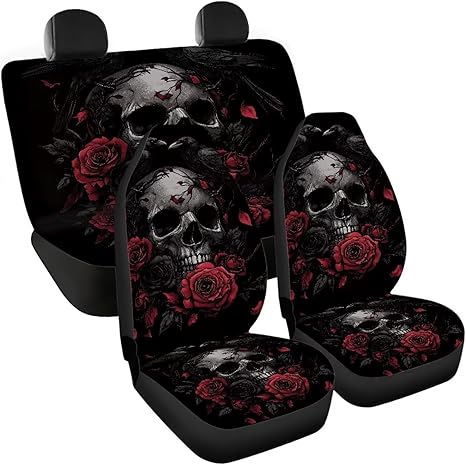 Skull Red Rose Print Car Seat Covers Full Set for Women 4 Pcs Seat Protector Cover, Nonslip Car Decor Accessories for Vehicle Car SUV Truck - sugar skull car seat covers set
