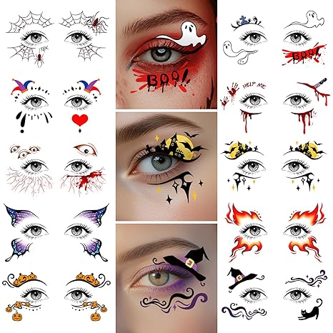 Cerlaza Halloween Decorations, Eye Shadow Temporary Tattoos Adults Kids, Eyeshadow Halloween Makeup Kit, Eyeliner Tattoo Stickers Face eye Makeup Set, Web Bat Witch Accessories Party favors (Colored) - sugar skull makeup kit