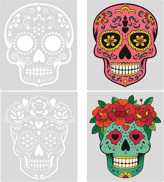 4pcs 12inch Sugar Skull Stencil Large Day of The Dead Painting Template Flower Pattern Skull Stencil Decoration for Holiday Halloween DIY Craft Wood Painting - sugar skull temporary tattoo