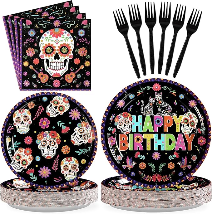Grencian 96Pcs Day of the Dead Birthday Party Supplies Skull Birthday Plates and Napkins Disposable Mexican Dia DE Los Muertos Decorations Favors for Day of The Dead Halloween Bday Party Serves 24 - sugar skull plates set