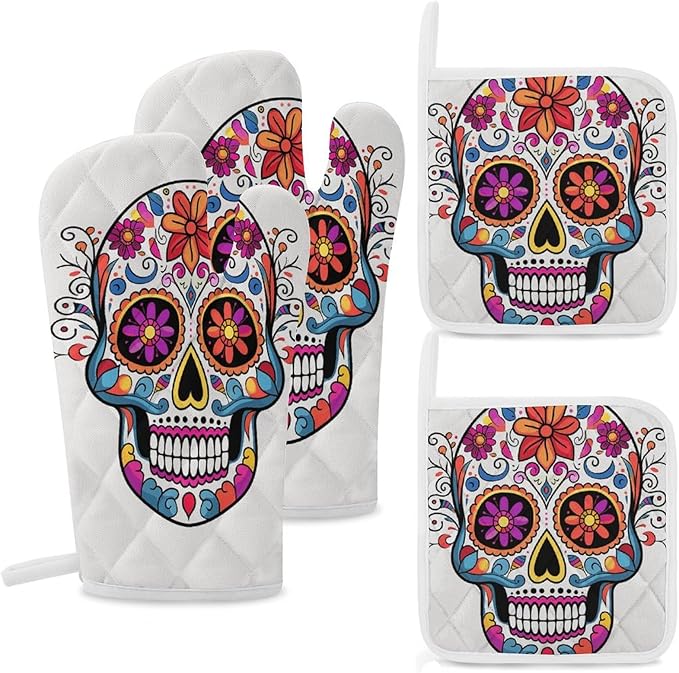Sugar Skull Oven Mitts and Pot Holders 4PCS Set Heat Resistant Kitchen Potholders Non-Slip Oven Mit, Hot Pads, Soft Cotton Lining, Baking Gloves for Cooking BBQ Grilling - sugar skull oven mitts