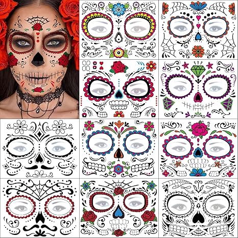 Day of the Dead Face Tattoos 10 Sheets - Halloween Temporary Tattoo Face Stickers Kit Día de Los Muertos Glitter Red Roses Skeleton Sugar Skull Fake Tattoo for Halloween - sugar skull temporary tattoo