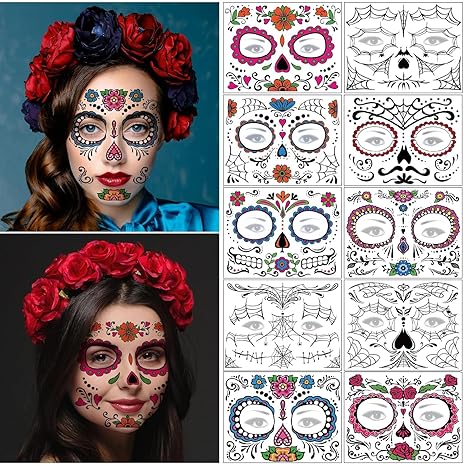 Day of the Dead Face Tattoos - 10 Sheets Halloween Temporary Tattoo Face Stickers Kit Día de Los Muertos Glitter Red Roses Skeleton Sugar Skull Fake Tattoo for Halloween - sugar skull temporary tattoo