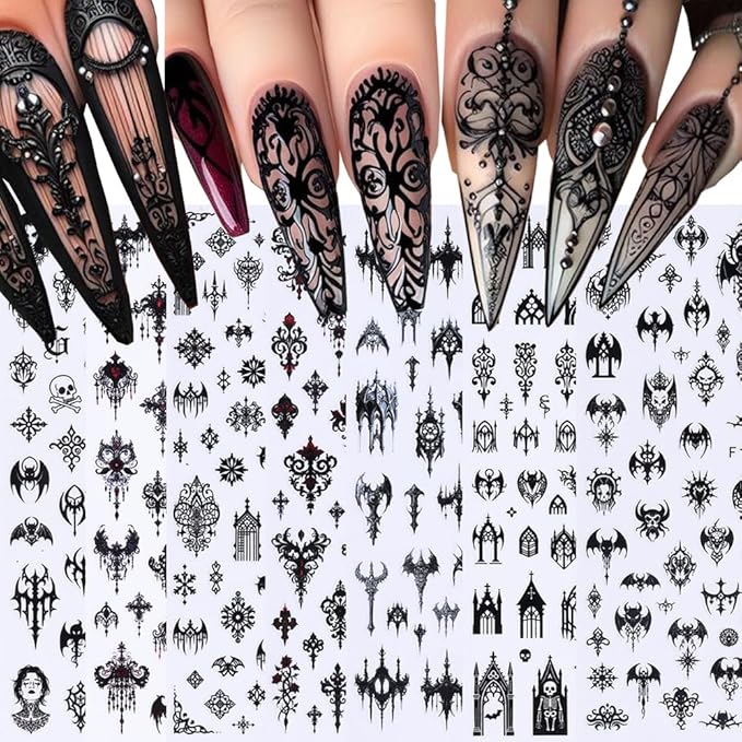 7 Sheets Black Gothic Nail Stickers for Nail Art, 3D Self-Adhesive Witchy Halloween Nail Decals, Nail Supplies Nail Art Designs Accessories for Women and Girls Manicure DIY Decoration - sugar skull nail art