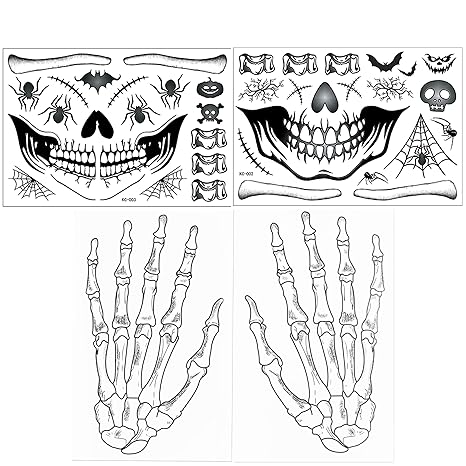 Skull Halloween Tattoos Temporary Skeleton Face Tattoos Hands Skeleton Makeup Halloween Costume Accessories for Men and Women, Adult, Face Stickers - sugar skull temporary tattoo