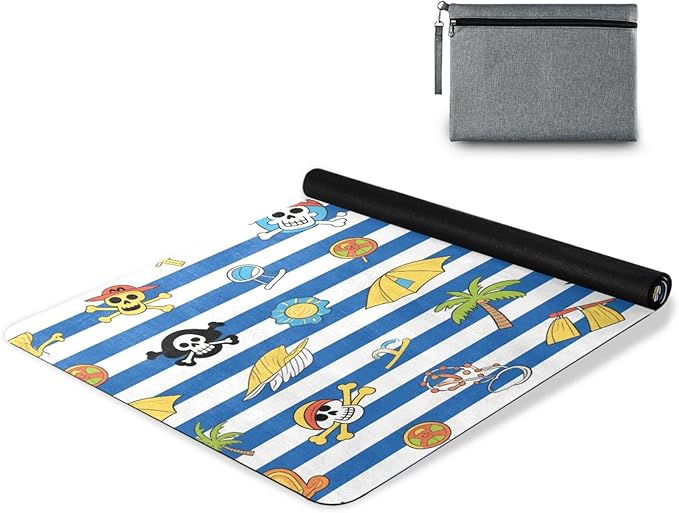 Blue White Striped Pirate Skull folding yoga mat travel for women printed, natural rubber non slip, with bags tapete para ejercicio 71x26 inches 1 MM - sugar skull yoga mat