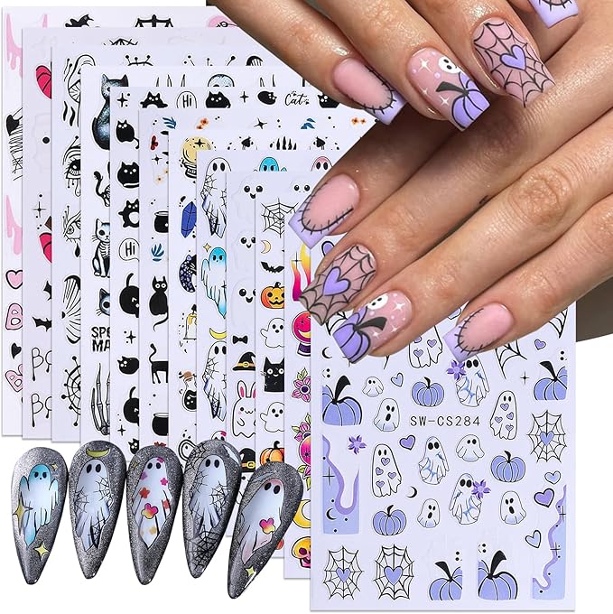 Ghost Nail Stickers for Halloween 12 PCS Cute Cartoon Spooky Nail Art Decals 3D Black Cat Skeleton Pumpkin Designs Gothic Sliders for Women DIY Self Adhesive Supplies Nail Art Decorations - sugar skull nail art