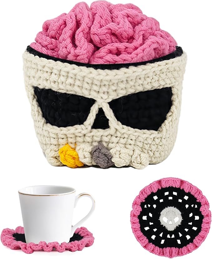 2PCS Halloween Coasters with Holder for Gothic Decor, Handmade Woven Crochet Skull Coasters for Drinks Cup, Unique Coaster for Horror Halloween Party Kitchen Office Coffee Table Decor (2 Pink) - sugar skull coasters set