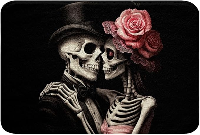 jejeloiu Sugar Skull Bathroom Rugs 20"x32" Kids Romantic Couple Gothic Bone Skeleton Bath Mats for Boys Girls Halloween Theme Bathroom Accessories Floor Doormats - sugar skull toilet mat set