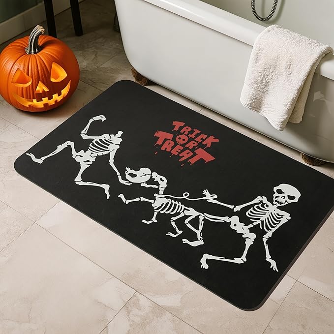 Halloween Bath Mat, Thin Halloween Bathroom Rug Non Slip Quick Dry Skeleton Bath Mat Fits Under Door Thin Floor Mat Halloween Decor, 17''x30'', Skull Treat or Trick Black - sugar skull toilet mat set