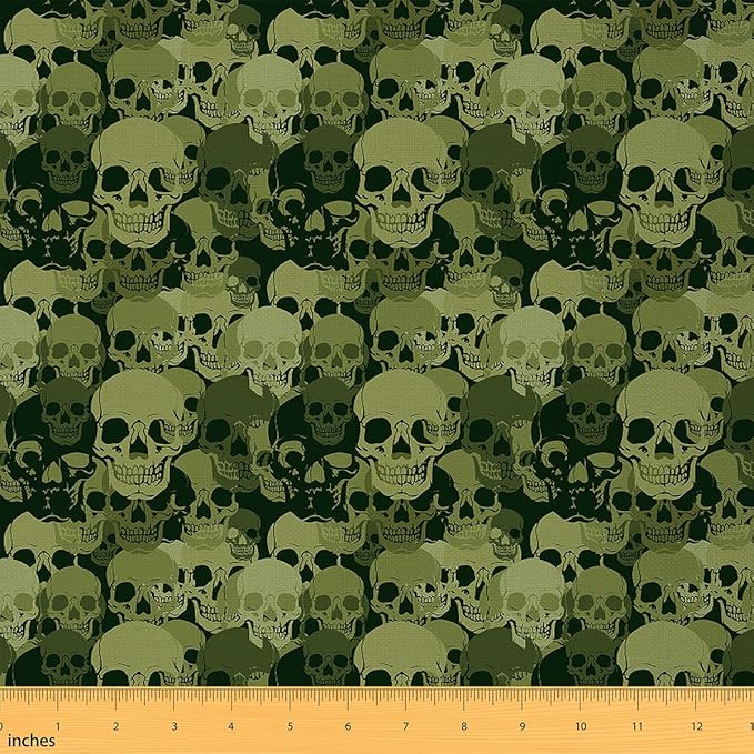 jejeloiu Green Black Sugar Skull Fabric by The Yard 1 Yard Gothic Bones Style Skeleton Design Upholstery Fabric for Chairs Halloween Theme for Home DIY Projects, Waterproof Indoor Outdoor Decor - sugar skull apron for women