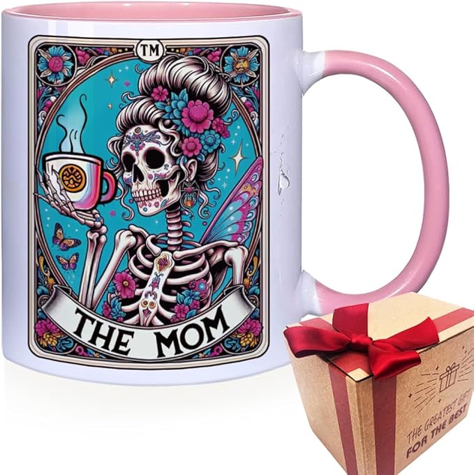 The Mom Tarot Card Skull Mug Gifts for Mom / Funny Halloween Skeleton Moms Gift / Tarot Gifts for Coffee Lovers / Mama Witchy Gift for Women / Goth Birthday Christmas Cup for Mommy/Skull Cup 11oz Pink - sugar skull tumbler with straw